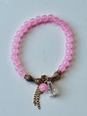Pink Beaded Charm Bracelet with Crystal Drop- NWOT